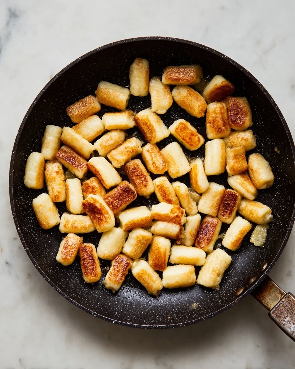 The image shows a black frying pan filled with many small, golden-brown gnocchi pieces. Each piece is roughly cylindrical with a soft, slightly textured surface and some brown, crispy edges. The pan sits on a white marbled surface which gives a clean background that contrasts with the dark pan and light-colored gnocchi. The gnocchi are spread out but mostly cover the pan's base. photo taken with an iphone --ar 4:5 --v 7