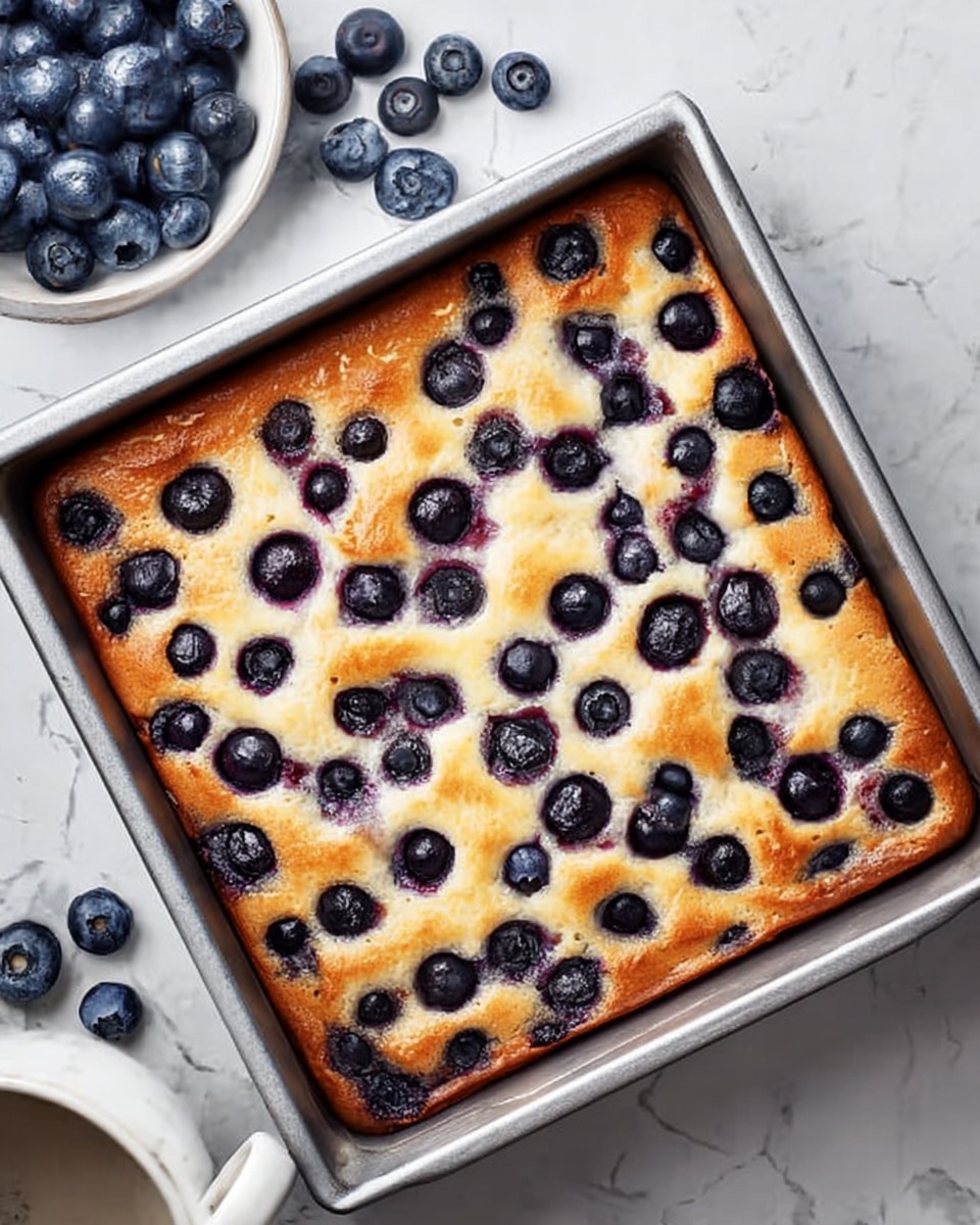 A square baked dessert in a silver baking tray fills the frame, showing a golden brown crust with a slightly uneven surface. Scattered across the top are many plump, dark blueberries that are baked into the crust, creating deep purple spots and small pools of juice. The edges of the dessert are slightly crisp and browned, with some blueberries near the edges showing slight caramelization. Around the tray are loose fresh blueberries, and to the side is a white ceramic cup and saucer placed on a white marbled surface. photo taken with an iphone --ar 4:5 --v 7