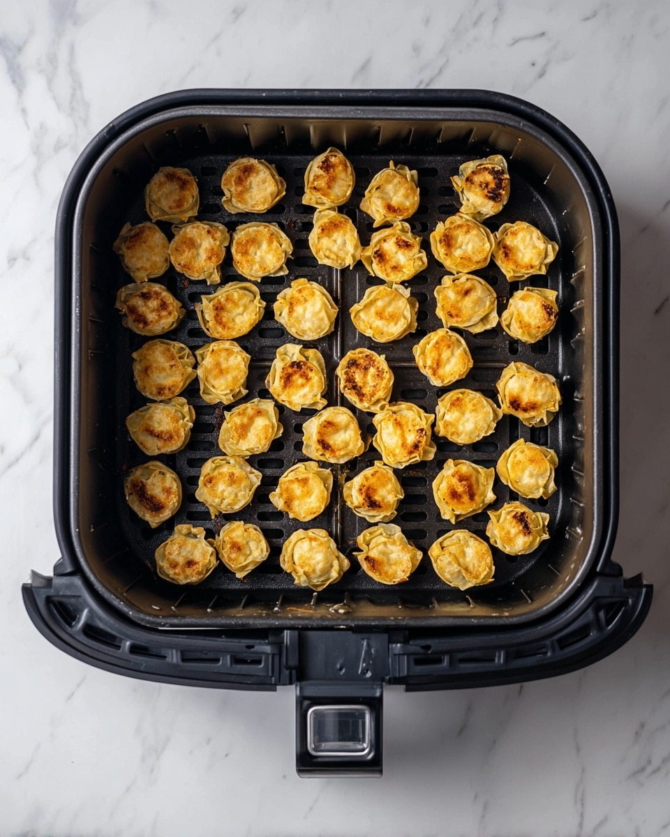 Inside a square black air fryer basket, there are about 50 small golden brown cooked dumplings arranged in mostly even rows. The dumplings are bite-sized with a slightly crispy texture and some darker toasted spots on top. The air fryer basket has small holes at the bottom for airflow and a black handle extending out from the bottom center. The basket is set on a white marbled surface with soft lighting coming from above. photo taken with an iphone --ar 4:5 --v 7