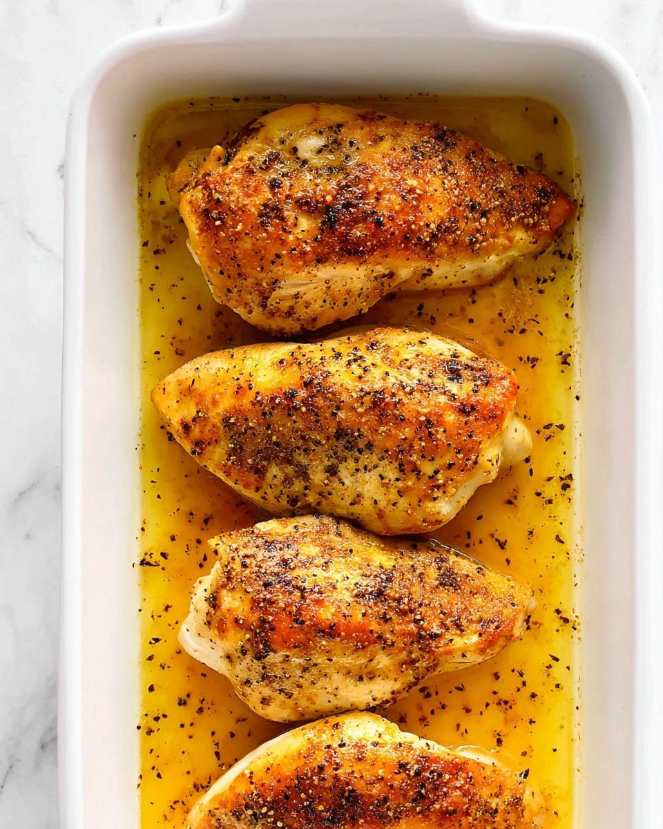 The image shows a white rectangular baking dish with four cooked chicken pieces inside. Each piece has a golden-brown color with visible black pepper and seasoning spread evenly over the surface. The chicken pieces sit in a yellowish, slightly oily sauce that fills the bottom of the dish. The dish is placed on a white marbled surface, and the chicken texture looks juicy and well-cooked with some crispiness on top. photo taken with an iphone --ar 4:5 --v 7