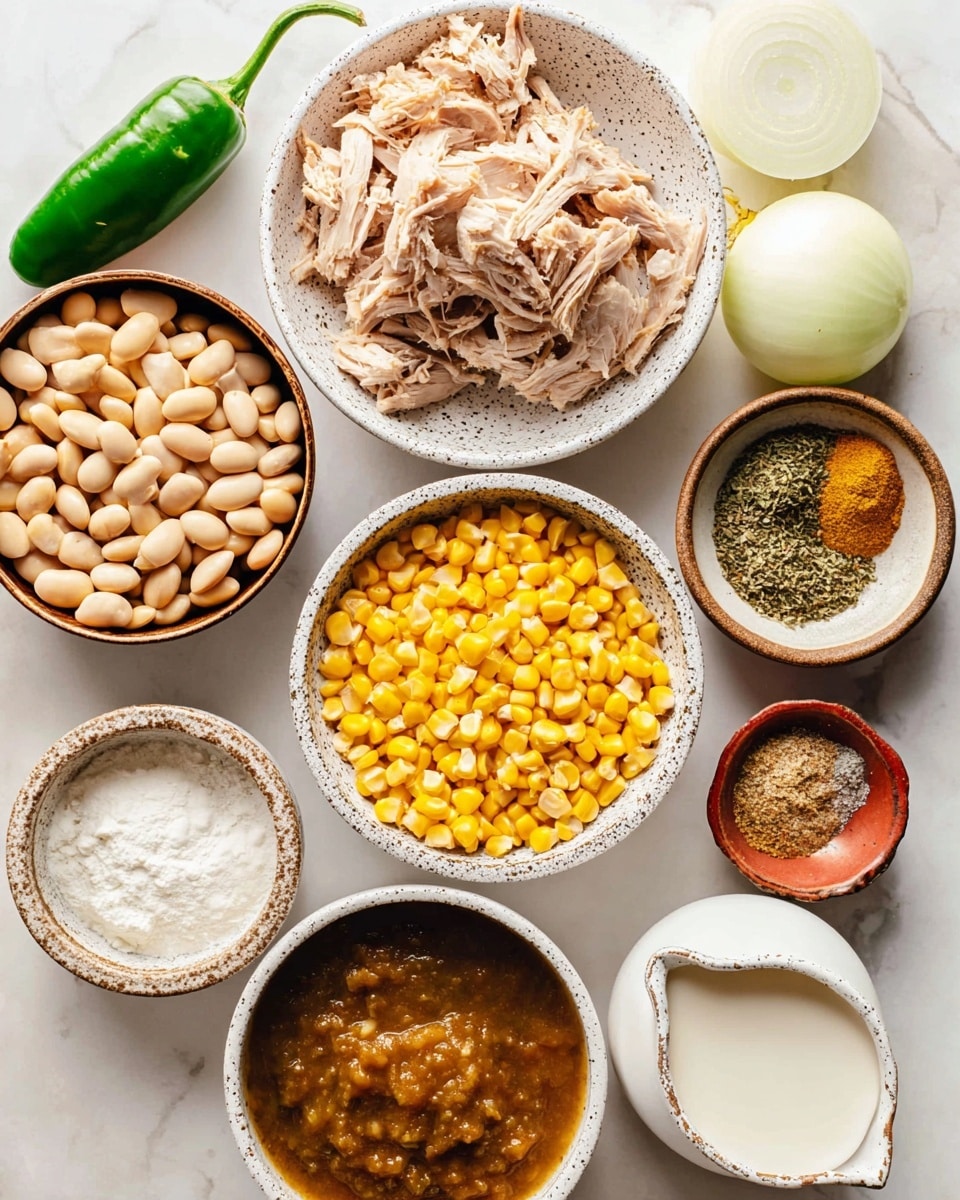 This image shows several white bowls and a white plate with cooking ingredients on a white marbled surface. In the center, a bowl holds shredded light beige cooked meat. Below it, another white bowl with black speckles is full of bright yellow corn kernels. To the left, a brown bowl contains light tan beans. Above that, a white plate has a whole green pepper, white garlic cloves, and two onion halves with white and pale yellow layers. To the right of the meat, a small light bowl contains a chunky brown sauce, and above it, a speckled bowl holds a mix of brown, green, and white spices. A smaller reddish bowl with white flour-like powder is beside the sauce, and in the bottom right corner, a creamy white jug is filled with milk or cream. The photo taken with an iphone --ar 4:5 --v 7
