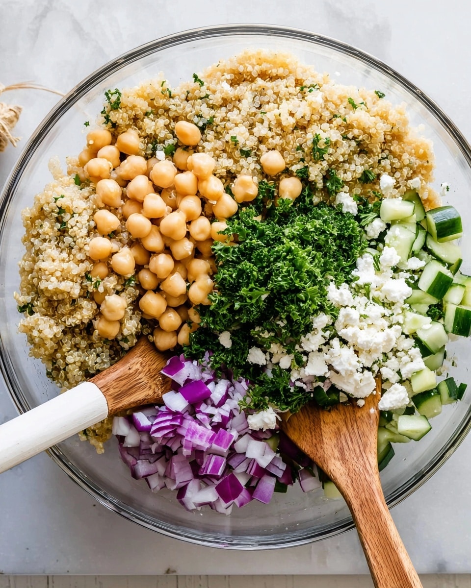 A clear glass bowl holds a colorful mix of ingredients layered and separated, including light tan quinoa grains, round beige chickpeas, finely chopped purple onions, small diced pale green cucumbers, white crumbly cheese, and dark green chopped parsley, arranged in neat sections. Two wooden spoons with white handles are partially visible, one stirring the salad and the other resting in the bowl. The setting features a white marbled surface beneath the bowl, giving a clean and fresh look. Photo taken with an iphone --ar 4:5 --v 7