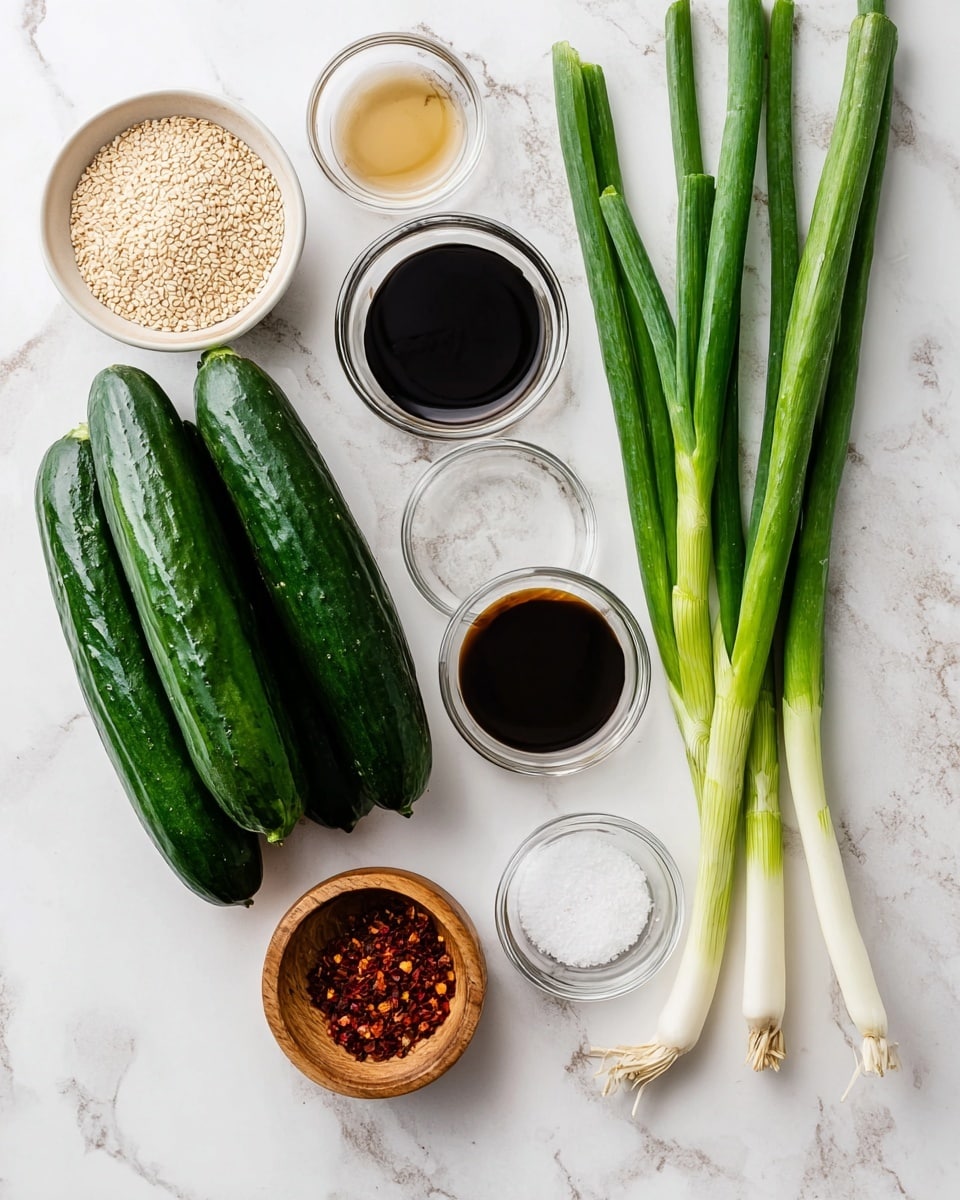 The image shows ingredients laid out on a white marbled surface, including five long, dark green cucumbers stacked together on the left. To their right, there are four fresh green onions with white bulbs and green stalks placed vertically. Scattered around are small bowls with different contents: one bowl holds pale beige sesame seeds, another has dark soy sauce, a third is filled with clear liquid, a fourth contains light brown liquid, a fifth has white granulated salt, and a small wooden bowl holds red chili flakes. The arrangement is neat and clear, all items are distinct and easy to see photo taken with an iphone --ar 4:5 --v 7