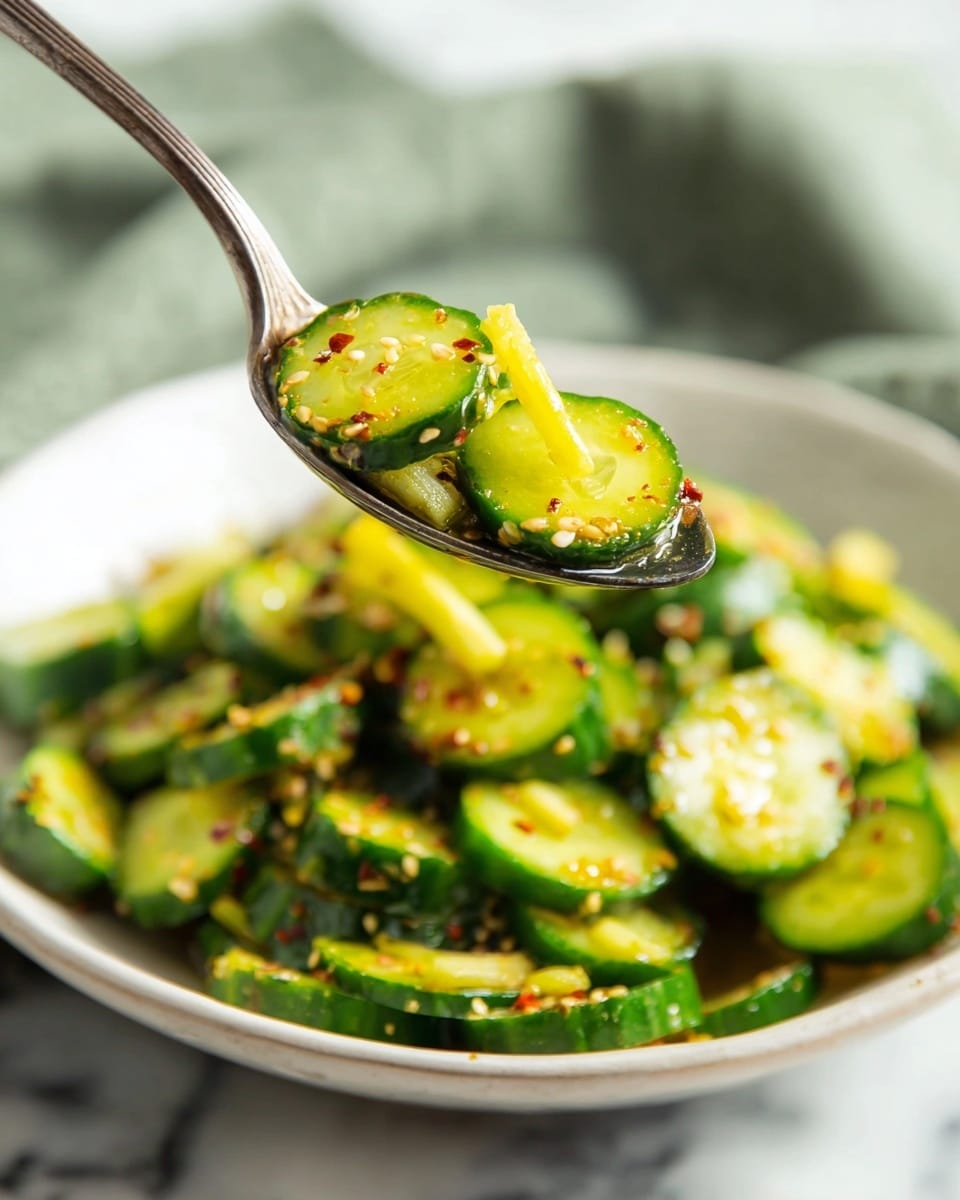A close-up view of a spoon holding bright green cucumber slices and small yellow cucumber sticks, sprinkled with red chili flakes and sesame seeds, showing a slight shine from oil or dressing; below, a deep white bowl filled with the same seasoned cucumber pieces piled loosely, all set on a white marbled surface with a soft, blurred green cloth in the background, photo taken with an iphone --ar 4:5 --v 7