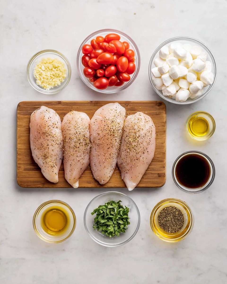 The image shows four raw chicken filets, sprinkled with black pepper, placed side by side on a small wooden cutting board in the center. Above and around the chicken, there are several small glass bowls arranged on a white marbled surface. Starting from the top-left corner and moving clockwise, the bowls hold minced garlic (light yellow), smooth mustard (pale yellow), ground black pepper (dark specks), white salt, halved red cherry tomatoes, small white mozzarella balls, chopped fresh green basil, yellow olive oil, dark balsamic vinegar, and light amber honey. The ingredients are neatly spaced, creating a balanced and clean preparation setup. Photo taken with an iphone --ar 4:5 --v 7
