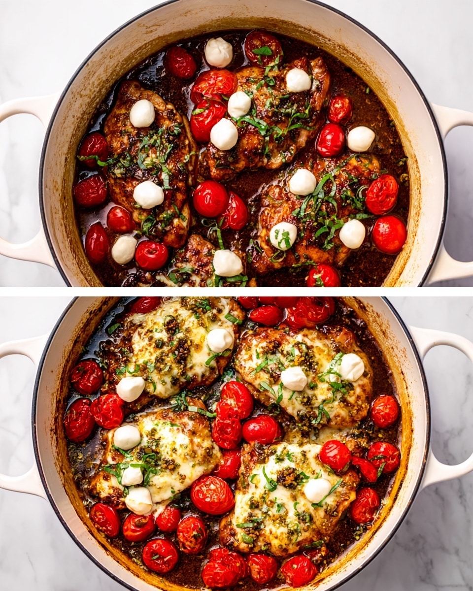 The image shows a round white pot filled with four cooked chicken pieces in a dark brown sauce. The chicken is topped with small white mozzarella balls and halved bright red cherry tomatoes mixed with sprinkled green herbs. The right side of the image shows the same dish after baking, with melted white cheese covering the chicken, roasted cherry tomatoes around, and fresh green basil leaves scattered on top. The sauce looks thicker and richer around the chicken. The pot sits on a white marbled surface. Photo taken with an iphone --ar 4:5 --v 7