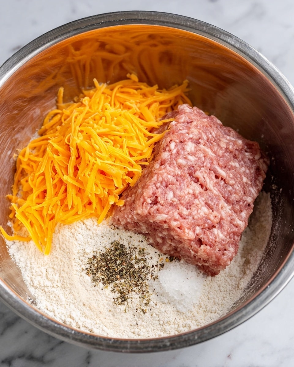 Inside a shiny metal bowl on a white marbled surface, there is a mix of ingredients layered closely. On the left side, there is bright orange shredded cheddar cheese with thin strands. Next to it on the right, a block of light pink ground meat with a slightly rough texture lays on top of white flour. Below the meat, some white salt crystals and a small pile of ground black pepper are visible. The flour has a powdery texture and is spread around the base of the bowl, creating a clean contrast with the other ingredients photo taken with an iphone --ar 4:5 --v 7