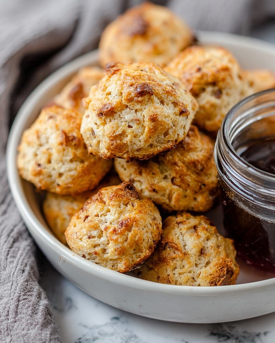 The image shows a close-up of a stack of small golden-brown biscuit-like pastries with a rough, crumbly texture and some darker spots from baking, arranged inside a white bowl. Most pastries are rounded and slightly rugged on top with visible bits of ingredients embedded in the dough. On the right side of the bowl, there is a glass jar filled with a dark, glossy liquid. The background is a soft white marbled texture, and a piece of gray cloth is partially visible in the background. The photo taken with an iphone --ar 4:5 --v 7