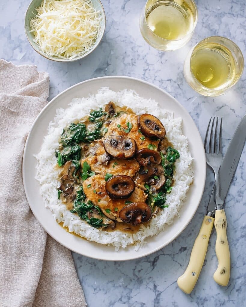 Creamy Braised Chicken with Mushrooms and Spinach Recipe
