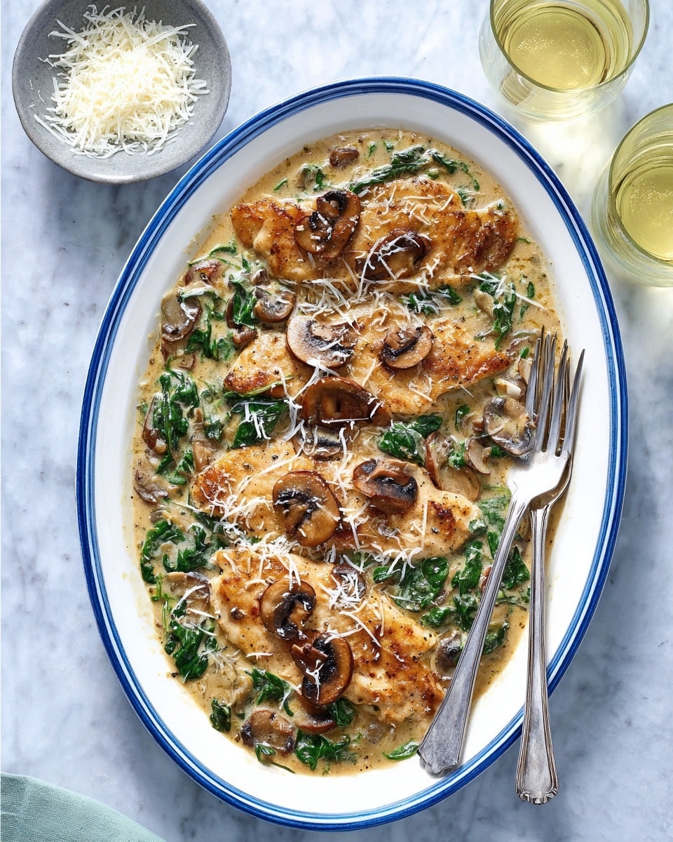 The image shows a white oval plate with a blue rim filled with three golden brown fillets layered with a creamy light brown sauce mixed with sautéed mushrooms and wilted spinach. Dark brown sautéed mushroom slices are placed on top of the fillets. Shredded white cheese is lightly sprinkled over the dish. Two silver forks rest on the right side of the plate. In the top right corner, there are two clear glasses filled with light yellow liquid. At the top left, a small gray bowl holds extra shredded white cheese with a small silver spoon inside. The plate and bowl sit on a white marbled surface, creating a clean and fresh background photo taken with an iphone --ar 4:5 --v 7