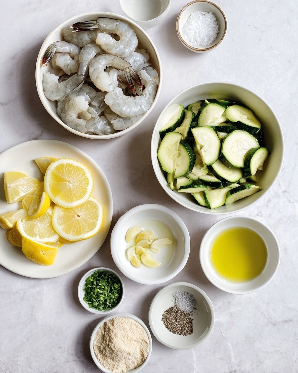 The image shows several small white bowls and a plate arranged on a white marbled surface. In the top left, a white bowl is filled with raw shrimp that have a pale grey and white color, with tails still attached. Below it to the right, a larger white bowl contains light green sliced zucchini pieces with dark green edges. To the left, a white plate holds bright yellow lemon wedges. Small bowls scattered around contain different ingredients: a bowl of green chopped herbs, a bowl of pale grated garlic, a bowl of light yellow olive oil, a bowl of coarse white salt, a bowl with ground black pepper, and a bowl of a light beige powdery substance. The scene is neat and bright, with fresh and natural ingredients visible. photo taken with an iphone --ar 4:5 --v 7