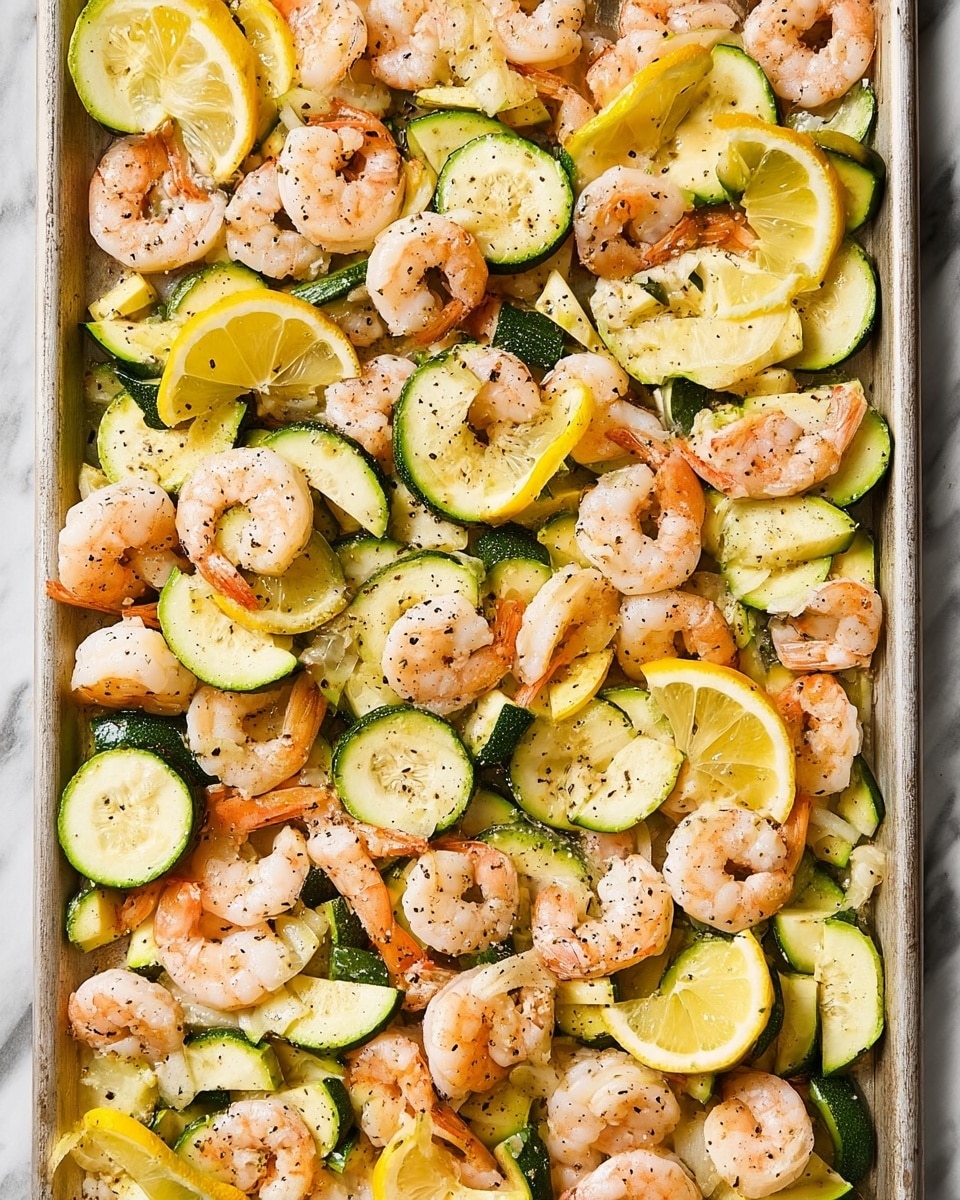 A tray filled with cooked shrimp that are pink and slightly curled, scattered evenly across the surface. Mixed with the shrimp are sliced zucchini pieces that show a light green skin and pale green inside, cut into half-moon shapes. There are also several lemon wedges placed around the tray, showing bright yellow rind and juicy, lighter yellow flesh. The shrimp and vegetables have a light sprinkle of black pepper, adding small dark dots across them. The backdrop is a white marbled texture visible around the edges of the tray. photo taken with an iphone --ar 4:5 --v 7