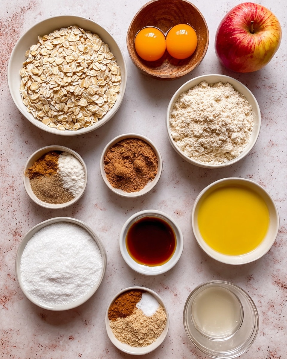 The image shows several small white bowls and one white plate arranged on a white marbled surface, each bowl filled with different baking ingredients. The top white bowl contains light beige rolled oats, and next to it lies a red apple with yellow patches. Below the oats is a wooden bowl holding two orange egg yolks. To the right of the yolks is a medium white bowl with light beige almond flour. Next to the almond flour is a white bowl filled with bright yellow melted butter. Below the butter, there is a tiny white bowl of dark amber vanilla extract. Below the almond flour is a small white bowl of mixed baking spices including cinnamon and baking powder, with varied light brown and white powders. To the left of this is a white bowl filled with light brown sugar. In the lower left corner, a white bowl is filled with white powdered sugar. Near the bottom center are two smaller white bowls, one with more vanilla extract and the other with a light powder ingredient, arranged neatly. A glass bowl with a light beige liquid is placed near the bottom right. photo taken with an iphone --ar 4:5 --v 7