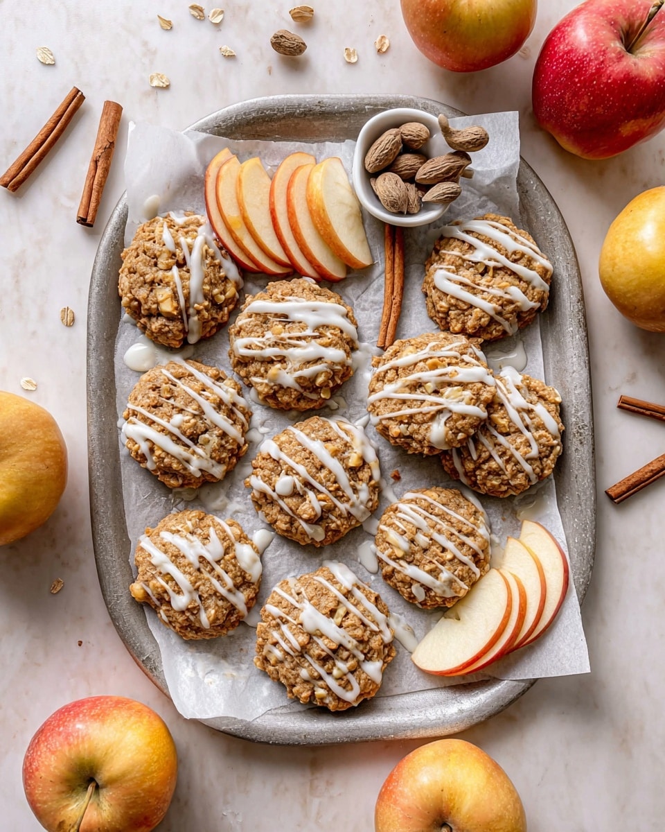A silver baking tray lined with white parchment paper holds a round of about twelve brown oat cookies, each drizzled with white icing. The cookies have a rough texture with small chunks of light yellow apple pieces inside. Two groups of thin apple slices with red skin and pale yellow flesh are arranged near the cookies on the tray. In the middle of the tray, there is a small white bowl containing three cinnamon sticks and five whole nutmegs. The whole scene is set on a white marbled surface with three whole red and yellow apples placed around the tray. Some drops of white icing are scattered on the parchment paper and tray edges. photo taken with an iphone --ar 4:5 --v 7