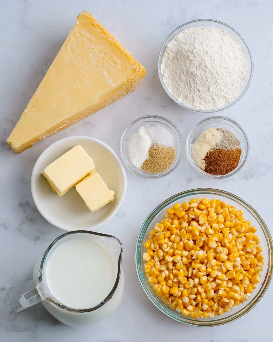 The image shows six ingredients arranged on a white marbled surface. On the top left is a large wedge of hard yellow cheese with a natural rind. To its right, two small clear glass bowls hold white flour in one, and a mix of white, brown, and beige dry spices in the other. Below the cheese, a small white bowl contains two thick squares of pale yellow butter. Next to this bowl is a glass measuring cup filled with white milk. On the bottom right, a medium clear glass bowl is full of bright yellow corn kernels. The scene is well lit, with each ingredient clearly visible and neatly placed in its own container photo taken with an iphone --ar 4:5 --v 7