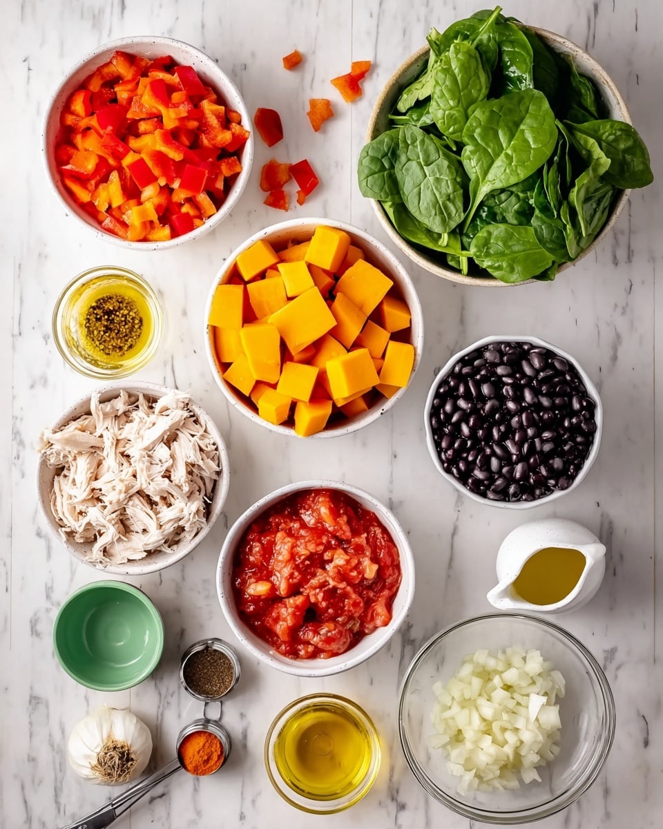 An overhead view of several white bowls on a white marbled surface, each holding different ingredients. At the top right, a bowl is filled with fresh green spinach leaves. To the top left, a bowl contains chopped red bell peppers with some pieces spilled on the surface. Below the peppers, another bowl has cubed orange butternut squash. At the center right, a bowl holds bright red crushed tomatoes. To the right of this, a small glass bowl is filled with black beans. Near the bottom left, a bowl contains shredded chicken. Below the spinach, there are two small green containers holding salt and black pepper. Small measuring spoons with red and yellow spices rest near the center, next to a small white jug filled with yellow oil. At the bottom right corner, a glass bowl holds finely chopped onions, and just beside it, a tiny clear bowl contains minced garlic. The photo taken with an iphone --ar 4:5 --v 7