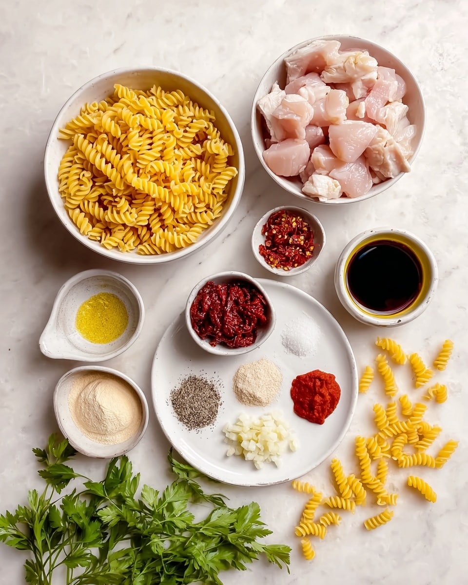 The image shows several small white bowls and one white plate arranged on a white marbled surface, each containing different cooking ingredients. There is one bowl filled with yellow uncooked rotini pasta, another with raw pale pink cut chicken pieces. Other small bowls hold red chili flakes, chopped garlic, dark red sun-dried tomatoes, bright yellow olive oil, and dark brown soy sauce. A white plate has four seasonings arranged in separate spots: white salt, black pepper, beige garlic powder, and red tomato paste. A small bowl contains a light beige powder, and fresh green parsley is placed at the bottom left of the scene. Some rotini pasta is scattered near the bowl. The overall color contrast is soft with warm tones, and the setup feels clean and organized. Photo taken with an iphone --ar 4:5 --v 7