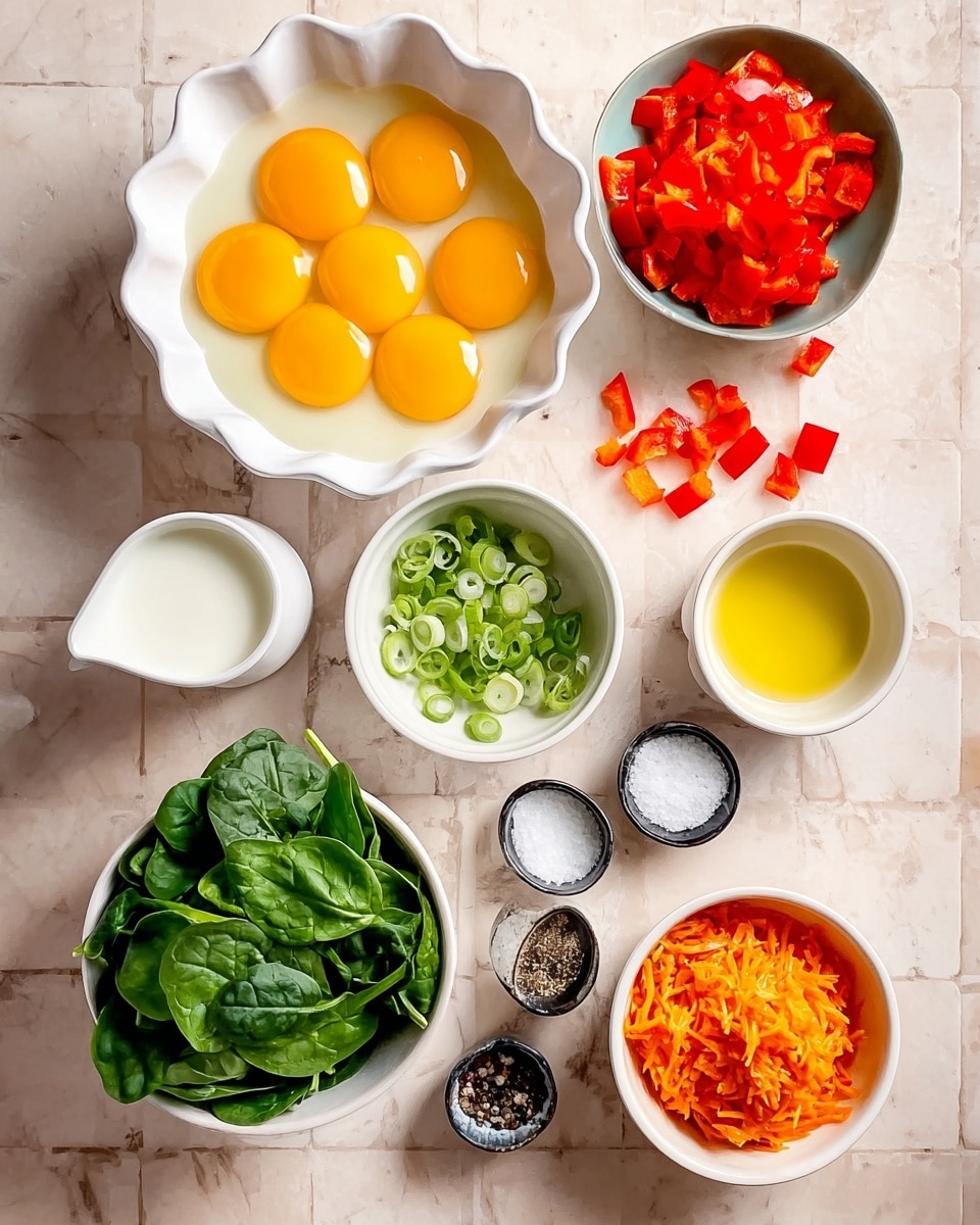 The image shows eight white bowls and two small round containers arranged on a white marbled surface. In the center is a scalloped bowl filled with nine raw eggs with rich yellow yolks and clear egg whites. To the top right, a small white bowl holds diced red bell peppers with some scattered pieces nearby. Below it, a small scalloped bowl is full of bright green sliced spring onions with a few scattered slices around it. To the right of the eggs, a small white bowl contains yellow oil. At the bottom right, a white bowl is filled with orange shredded carrots. Below the eggs to the left is a white bowl packed with fresh green spinach leaves. Next to the spinach bowl, two small round containers hold black pepper and white salt, while below them a small white pitcher contains white cream. The clean and sharp colors of the ingredients contrast nicely with the white marbled surface. photo taken with an iphone --ar 4:5 --v 7
