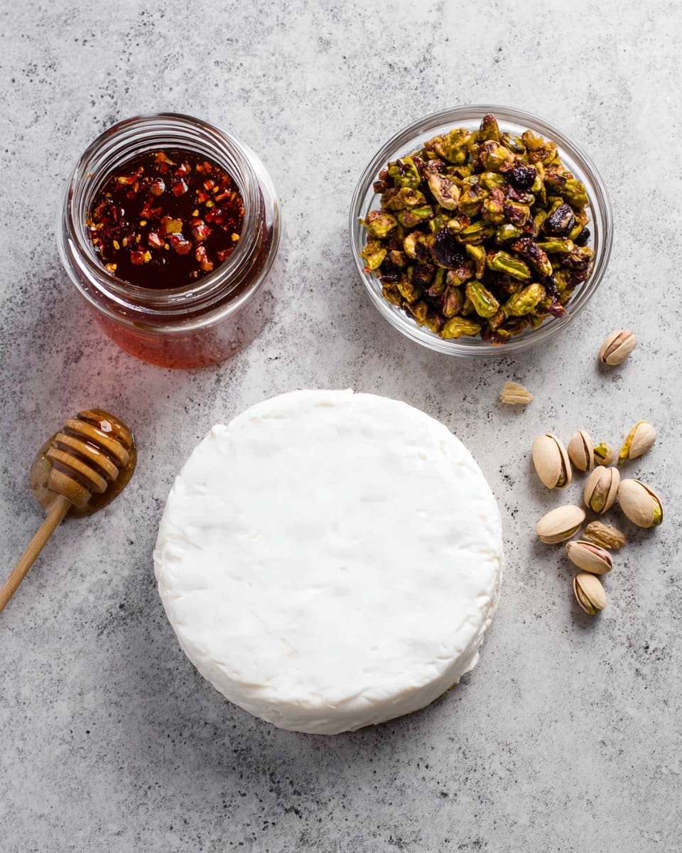 The image shows a round wheel of white cheese with a smooth, creamy white outer layer placed centrally on a white marbled surface. To its left is a small glass jar filled with dark amber honey topped with small red chili flakes, alongside a clear glass honey dipper resting diagonally. On the right side of the cheese is a small clear glass bowl filled with greenish-brown roasted pistachios with a few scattered outside the bowl on the white marbled surface. photo taken with an iphone --ar 4:5 --v 7