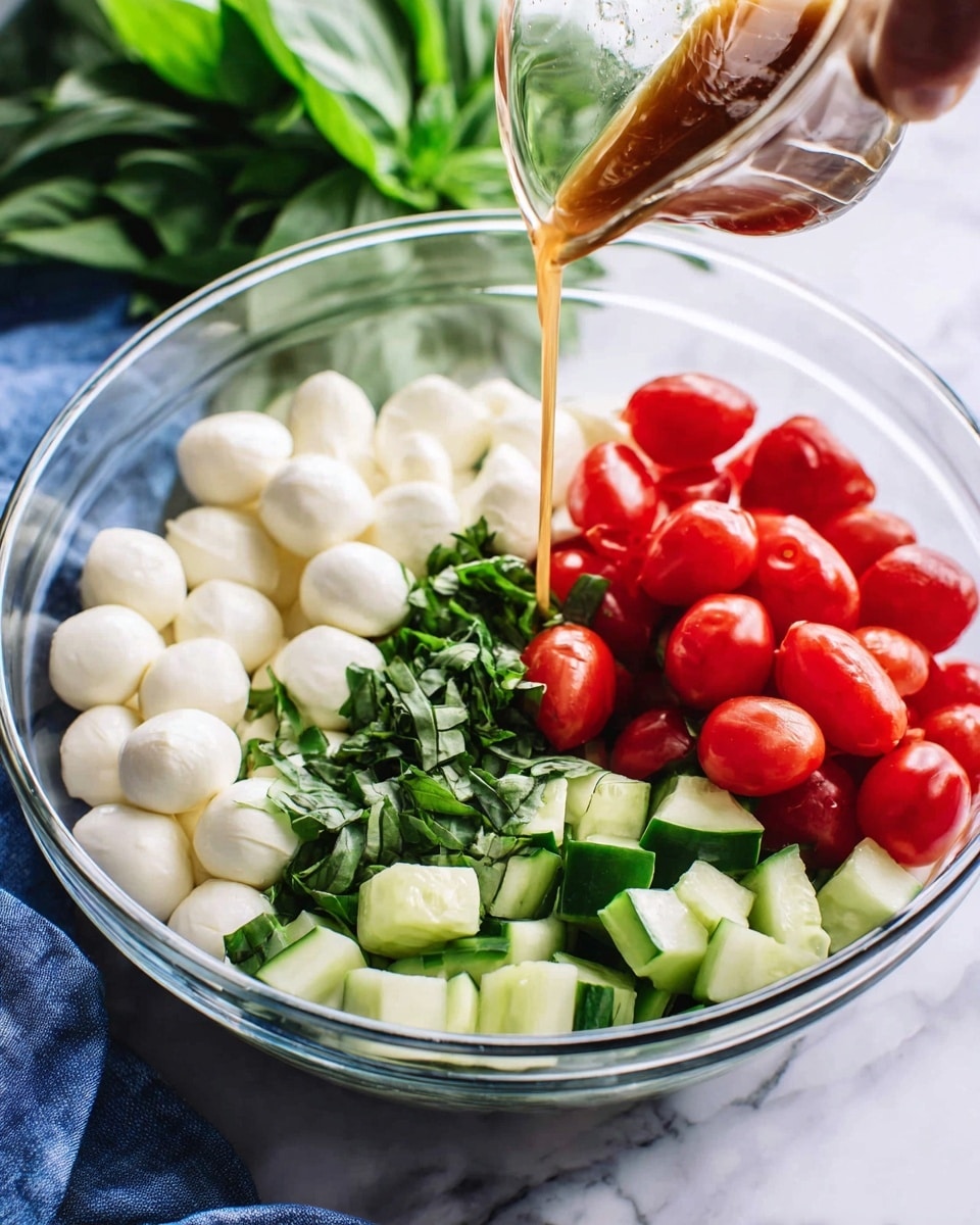 A clear glass bowl holds four distinct layers of fresh salad ingredients arranged side by side. Starting from the left, there is a cluster of small white mozzarella balls with a smooth texture, next to bright red grape tomatoes that are shiny and round. Beside the tomatoes is a pile of finely chopped green basil leaves, fresh and vibrant, and to the right are chunks of cucumber with dark green skins and pale green interiors. Above the bowl, a woman's hand pours light brown dressing from a small glass container, with a white marbled surface under the bowl and a blue cloth and green leaves blurred in the background. photo taken with an iphone --ar 4:5 --v 7