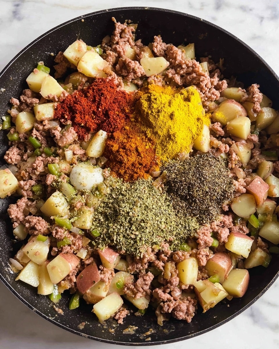 A black pan filled with a mix of cooked ground meat, small light brown cubes of potato with skins, and small pieces of green bell pepper. On top of the mix are five vibrant piles of spices and sauces: a red smooth paste, a bright yellow powder, a dull yellow powder, a green mixed herb spice, and a dark coarse ground spice. The background is a white marbled surface. photo taken with an iphone --ar 4:5 --v 7