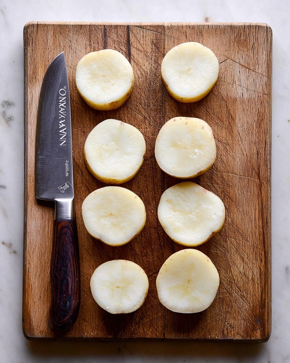 The image shows eight round slices of peeled potatoes arranged in two neat columns on a wooden cutting board. The potato slices are cream-white with a smooth texture and slightly rounded edges. To the left side of the board lies a knife with a dark wood handle and a shiny blade that has a pattern on it and the word