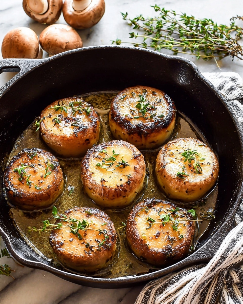 Inside a black cast iron pan, there are eight round, thick slices of cooked mushrooms standing upright in a pool of melted butter. The top surfaces of the mushrooms have a golden brown sear and are sprinkled with small green herb leaves, likely thyme, adding a fresh green contrast to the warm browns. The mushrooms have a light creamy yellow color below the browned tops, showing their cooked texture. Surrounding the pan is a striped cloth and whole mushrooms, all placed on a white marbled surface. The photo has bright, natural light shining from the top left, highlighting the glistening butter and browned mushrooms, photo taken with an iphone --ar 4:5 --v 7