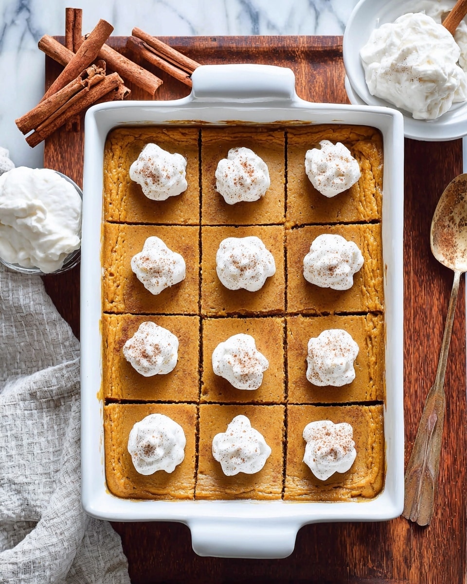 The image shows a white rectangular baking dish filled with a pumpkin-colored baked dessert that is cut into 15 equal square pieces. Each square has a white whipped cream dollop on top, sprinkled lightly with cinnamon. The edges of the dessert have a slightly darker baked color, and the surface has small cracks. The baking dish is placed on a white marbled surface with some cinnamon sticks, a white cloth, a small bowl of whipped cream, and a wooden spoon nearby. Photo taken with an iphone --ar 4:5 --v 7