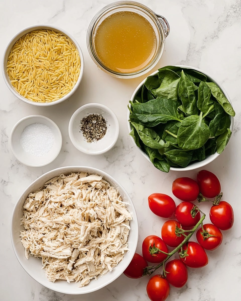 The image shows a white bowl filled with shredded light beige chicken at the bottom left, a white bowl full of fresh dark green spinach leaves to the right, and a silver measuring cup filled with uncooked yellow orzo pasta placed above the shredded chicken. Above the orzo, there is a glass jar filled with golden broth or stock. Next to the jar, there are two small white bowls; one contains white salt, and the other holds a mix of coarse black and white pepper. At the bottom right corner, a cluster of shiny red cherry tomatoes with some green stems is placed on a white marbled surface, creating a fresh and colorful arrangement photo taken with an iphone --ar 4:5 --v 7