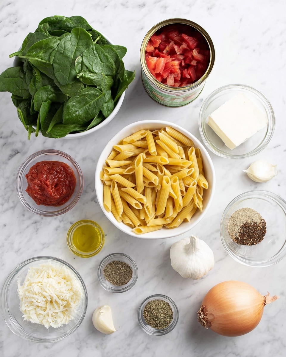 The image shows several ingredients laid out on a white marbled surface. There are two white bowls, one filled with fresh green spinach leaves and the other filled with uncooked penne pasta in a light yellow color. Behind the bowls, there is an open can with diced tomatoes that are bright red, and a small glass bowl holding a white block, likely cheese. Around these are small glass bowls with various ingredients: a reddish tomato paste, finely chopped onions, olive oil with a golden hue, and mixed dry spices including black pepper, salt, and herbs. On the right side, a whole light yellow onion and two garlic cloves are placed. The setup looks clean and organized, ready for cooking. photo taken with an iphone --ar 4:5 --v 7