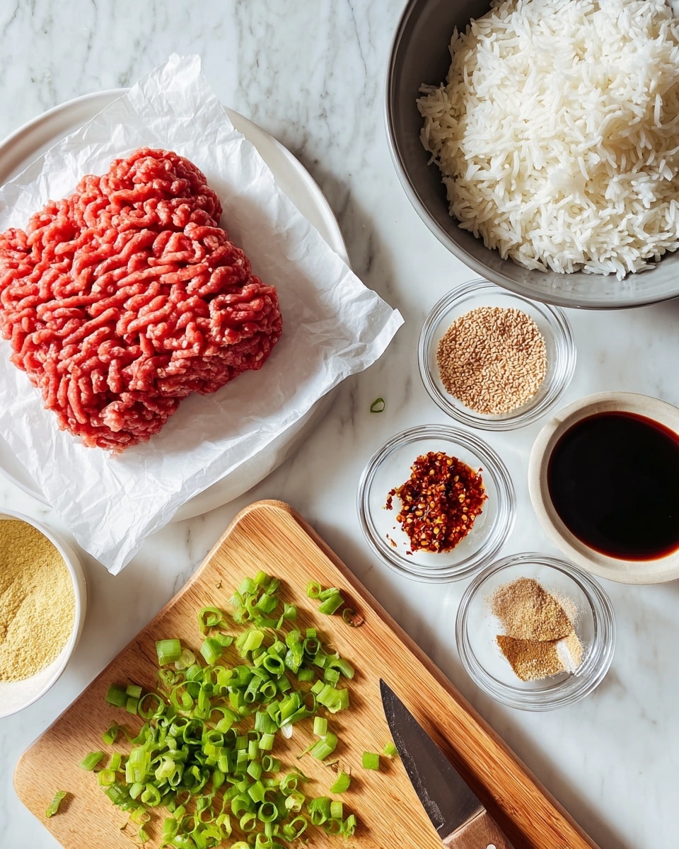 The image shows a white plate holding a block of red ground meat placed on a piece of white paper, positioned on the left side of a white marbled surface. Next to it, on the top right, there is a dark gray bowl filled with white cooked rice. Below and to the right of the rice bowl, there are four small clear glass bowls arranged in a loose cluster, containing light brown powder, light brown sesame seeds, red chili flakes, and dark soy sauce. A white bowl near the bottom left holds a light yellow powder. In the center bottom of the image, a wooden cutting board displays bright green chopped scallions scattered around a small knife with a wooden handle. The overall setting is clean and organized, displayed on a white marbled countertop. Photo taken with an iphone --ar 4:5 --v 7