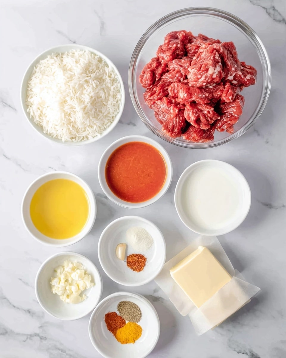 The image shows nine small white bowls and a stick of butter arranged on a white marbled surface. On the top is a large clear bowl filled with thin red meat strips. To the right, a white bowl holds uncooked white rice, and next to it is a clear bowl with bright red sauce. Below the meat is a clear bowl of white liquid, likely cream. At the bottom left, a white bowl contains yellow oil. Next to it, two small white bowls hold finely chopped garlic and white liquid, while another small white bowl below them has colorful spices in red, brown, yellow, and white shades. At the bottom is a stick of butter with paper wrapping. photo taken with an iphone --ar 4:5 --v 7