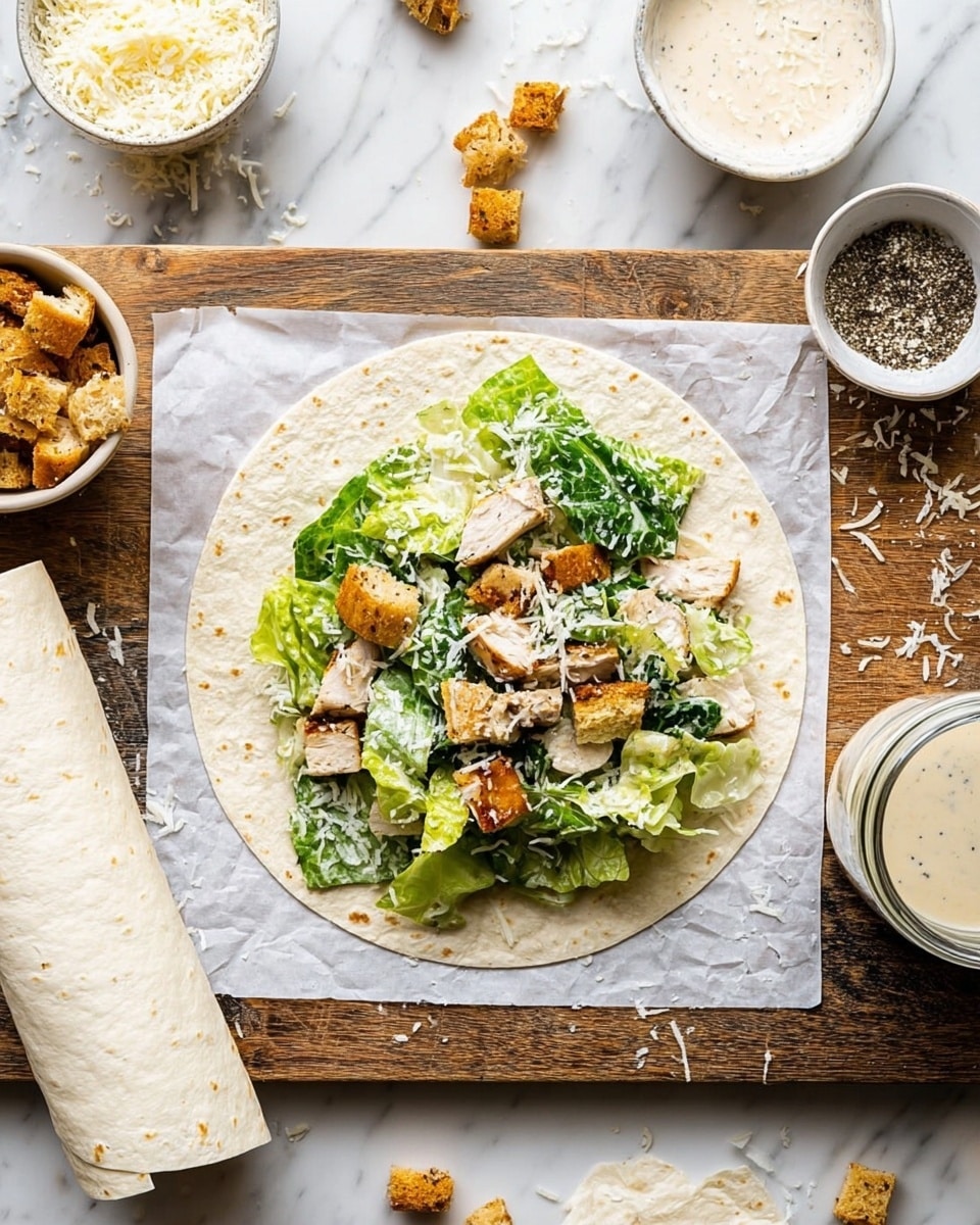 A tortilla wrap is laid flat on white parchment paper over a rustic wooden board. In the center of the tortilla, there is a mix of chopped green romaine lettuce, light brown grilled chicken pieces, and golden brown croutons, all coated lightly with creamy dressing. To the left of the wrap, there is a white rolled-up tortilla. Surrounding the tortilla are small white bowls: one with finely grated cheese on the top left, one with black and white pepper on the bottom right, and a jar with creamy dressing on the top right. A few croutons are scattered around the board. The photo is taken on a white marbled surface. photo taken with an iphone --ar 4:5 --v 7