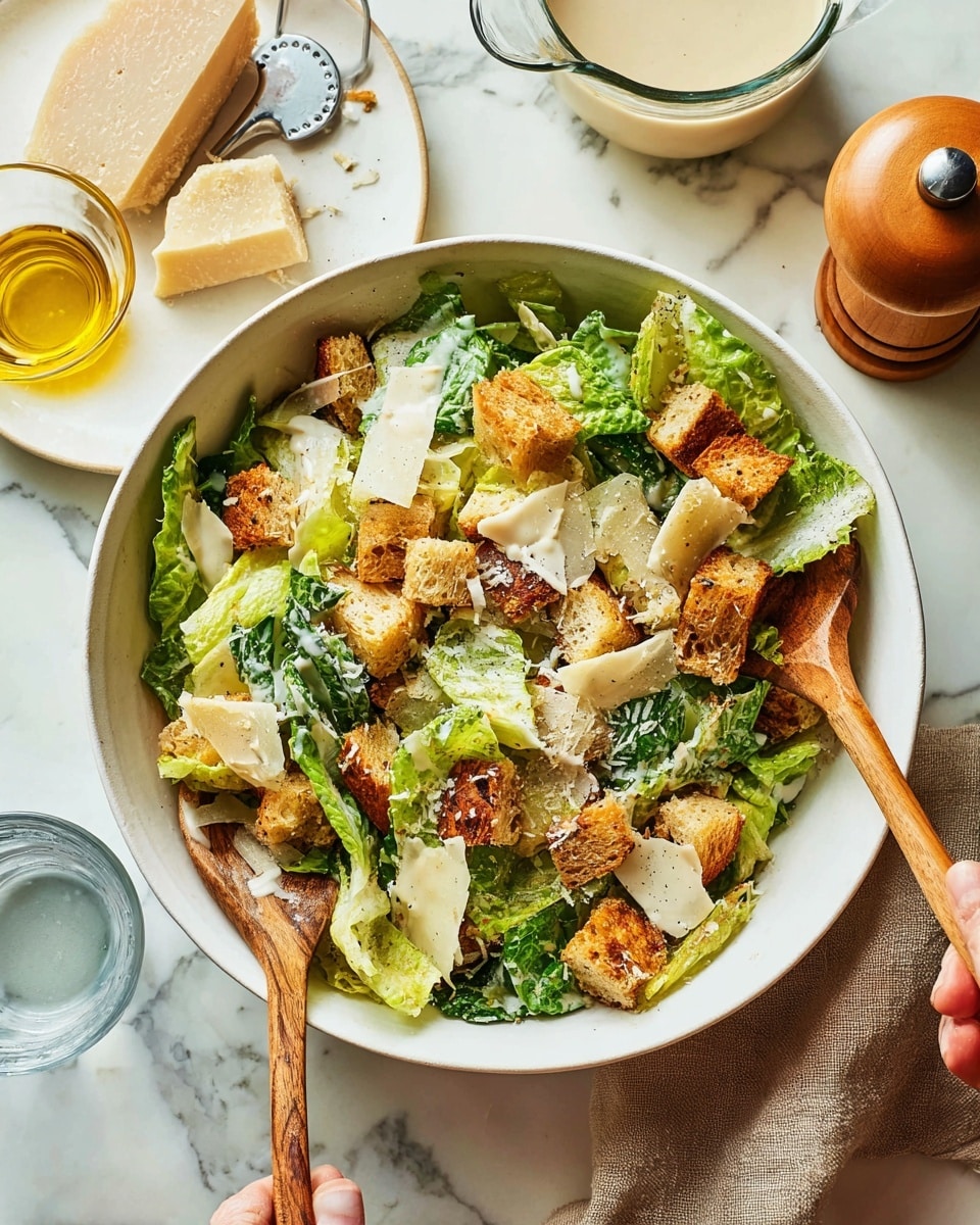 A white bowl filled with a fresh Caesar salad layered with bright green Romaine lettuce leaves, large golden-brown toasted bread cubes, and thin, uneven strips of pale yellow Parmesan cheese sprinkled on top. The salad is dressed with a creamy, light beige Caesar dressing drizzled unevenly across the layers. Two wooden spoons rest in the bowl, one held by each of the woman's hands, mixing the salad. On the white marbled surface around the bowl, there is a small white plate with a block of Parmesan cheese and a metal cheese slicer, a clear glass container of golden olive oil, a wooden pepper grinder, and a glass bowl with extra creamy dressing. The setting feels bright and fresh, with natural light highlighting the textures and colors photo taken with an iphone --ar 4:5 --v 7