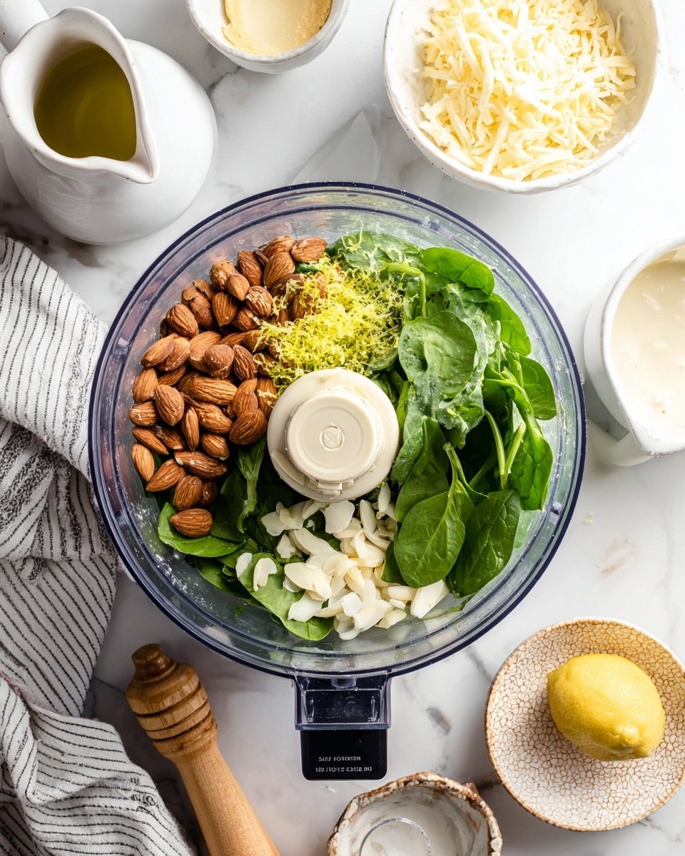The image shows a clear food processor bowl from above, placed on a white marbled surface. Inside the bowl, there are four main layers: whole almonds with a brown, smooth texture on the left side; large, fresh green leaves with visible veins scattered mostly on the right; small pieces of pale white garlic cloves at the bottom; and bright yellow lemon zest sprinkled over the top. Around the bowl, there is a white and gray striped cloth on the left, a white jug with olive oil at the top right, a white bowl filled with shredded cheese next to it, a small bowl with white creamy sauce below that, and a hollowed lemon half placed on a small beige patterned plate with a wooden lemon squeezer near it. photo taken with an iphone --ar 4:5 --v 7