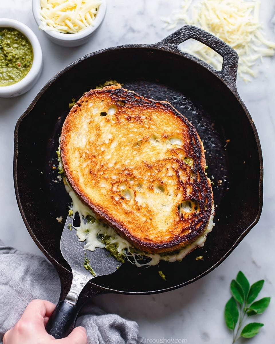 A grilled sandwich with two thick slices of golden brown bread is shown inside a black cast iron pan. The top slice has a bubbly, crispy texture with slight darker toasted spots, and a few holes reveal melted white cheese beneath. Between the bread slices, there is a green spread visible around the edges. The sandwich is held by a spatula with a black handle, with a woman's hand holding the spatula. In the background, there are small white bowls of green spread and shredded cheese, placed on a white marbled surface with some green leaves scattered nearby. Photo taken with an iphone --ar 4:5 --v 7