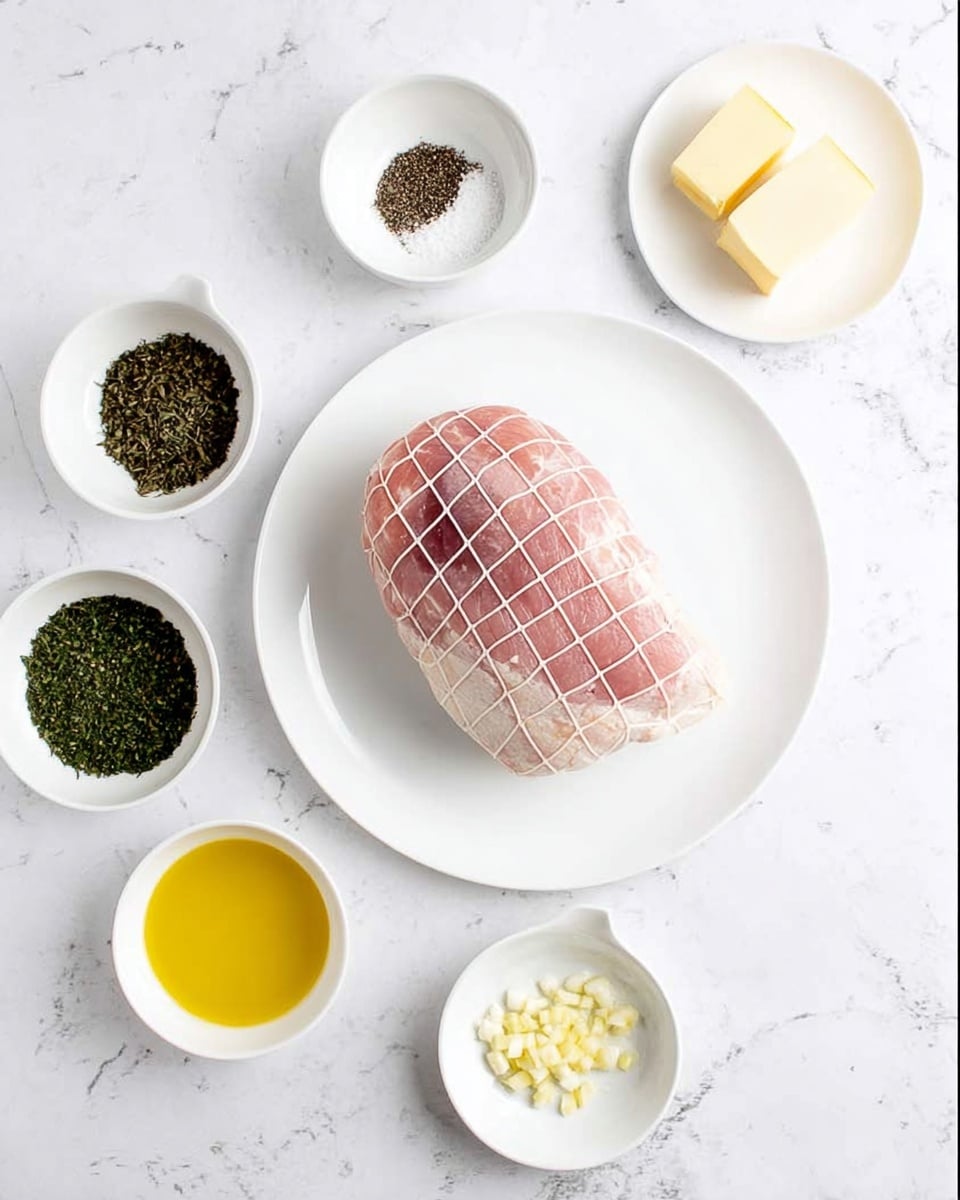 The image shows a white plate on the right side with a large wrapped piece of pinkish meat covered in a white net holding it together. Surrounding the plate in a loose circle are five small white bowls and plates with different ingredients: at the top left, a white bowl with a small pile of dark green dried herbs; next to it, a white bowl with some ground black pepper; to the right, a small white plate holding two pale yellow squares of butter; below the plate, a white bowl with a bright yellow liquid, likely mustard; and finally, at the bottom center, a white plate with chopped green herbs and a pile of minced pale yellow garlic. The background is a white marbled texture. photo taken with an iphone --ar 4:5 --v 7