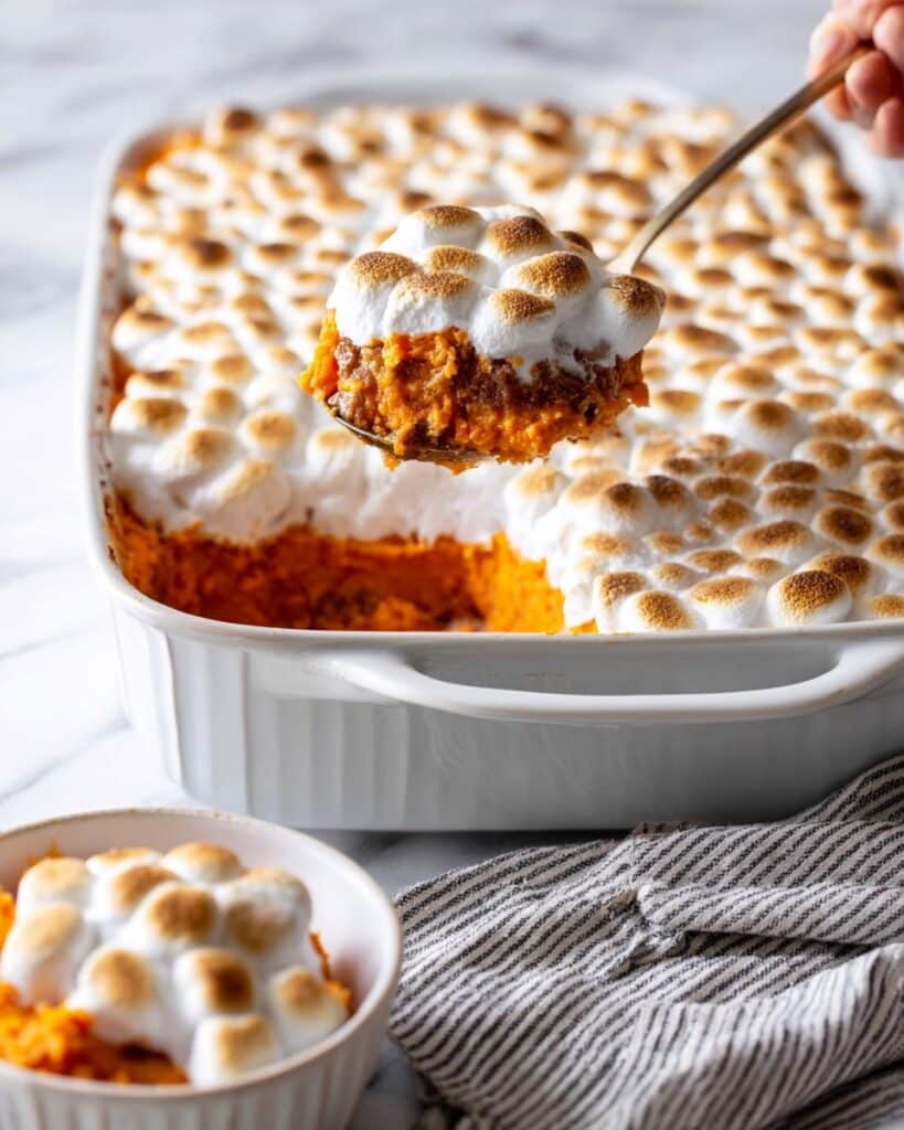 Sweet Potato Casserole with Pecan Streusel and Toasted Marshmallows Recipe