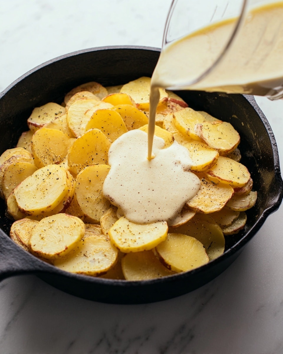 A black cast iron pan is filled with a single layer of thinly sliced yellow potatoes, each slice sprinkled with small black specks of seasoning. A light creamy sauce, pale yellow with a foamy texture, is being poured over the potatoes from a clear container positioned on the right side of the image. The pan sits on a white marbled surface, creating a clean and bright setting. photo taken with an iphone --ar 4:5 --v 7