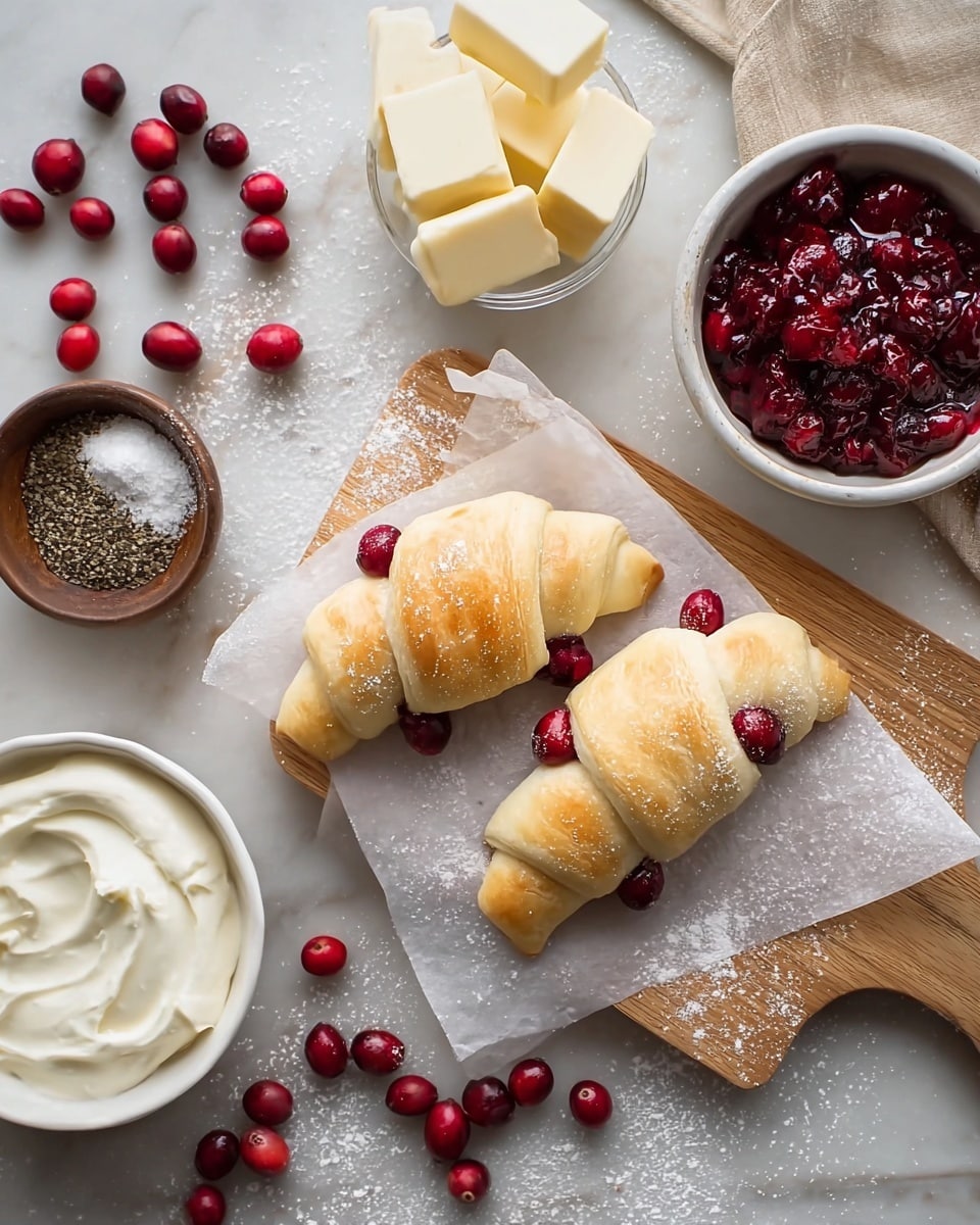 The image shows two crescent rolls on white parchment paper placed on a wooden board, each roll wrapped around bright red cranberries that peek out at the edges. Near the rolls are four small, pale yellow square butter pieces, slightly soft in texture. Surrounding the board on a white marbled tabletop are scattered fresh red cranberries, a small white bowl filled with thick white cream cheese, a white bowl holding dark red cooked cranberries in syrup, a small glass bowl of ground black pepper, and a small dark wooden bowl with white salt. Light dustings of flour are scattered around the board and table, creating a cozy baking scene. Photo taken with an iphone --ar 4:5 --v 7