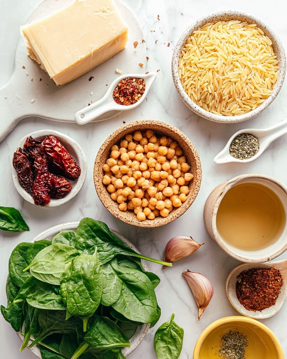 The image shows a top view of several ingredients arranged on a white marbled surface. Starting from the center, there is a textured brown bowl filled with uncooked orzo pasta, light yellow in color and shaped like small grains, sitting next to a small white bowl filled with cooked chickpeas that are light orange and round. Below, a white round plate holds fresh, dark green spinach leaves with visible veins and slight water droplets. Above and to the left of the orzo bowl is a small white round plate with a block of light yellow cheese with a darker rind on one side. Nearby is a bowl with dried red tomatoes, wrinkled and rich red, and a small white bowl filled with light brown liquid, likely broth. To the left of the cheese, three white ceramic spoons are arranged, one containing coarse black pepper, another red paprika, and the last one some green herbs. Scattered around are two halves of garlic cloves, fresh green basil leaves, a small yellow bowl with oil and a wooden spoon with dried herbs, and a peeled shallot with a light purple hue. The scene is bright and clean, with soft natural light enhancing the colors and textures. Photo taken with an iphone --ar 4:5 --v 7