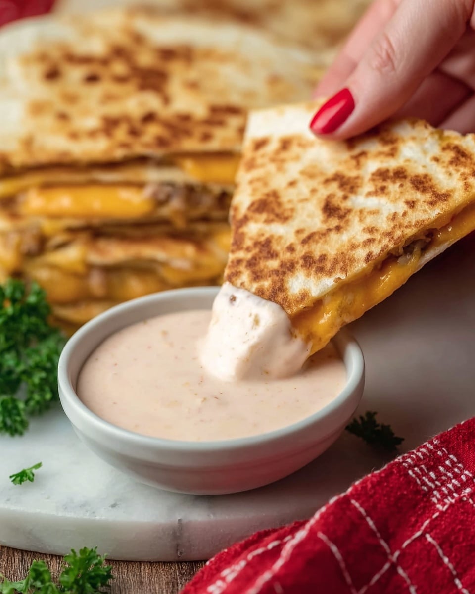 A close-up of a golden brown quesadilla triangle being dipped into a small white bowl filled with light pink creamy sauce. The quesadilla is toasted with darker brown spots and slightly crispy edges. A woman's hand with red painted nails holds the quesadilla on the top right. In the background, there is a blurred view of a stacked quesadilla with melted orange cheese visible between the layers. The scene is set on a white marbled surface with a hint of green parsley on the left and a red cloth with white stitches at the bottom right. Photo taken with an iphone --ar 4:5 --v 7
