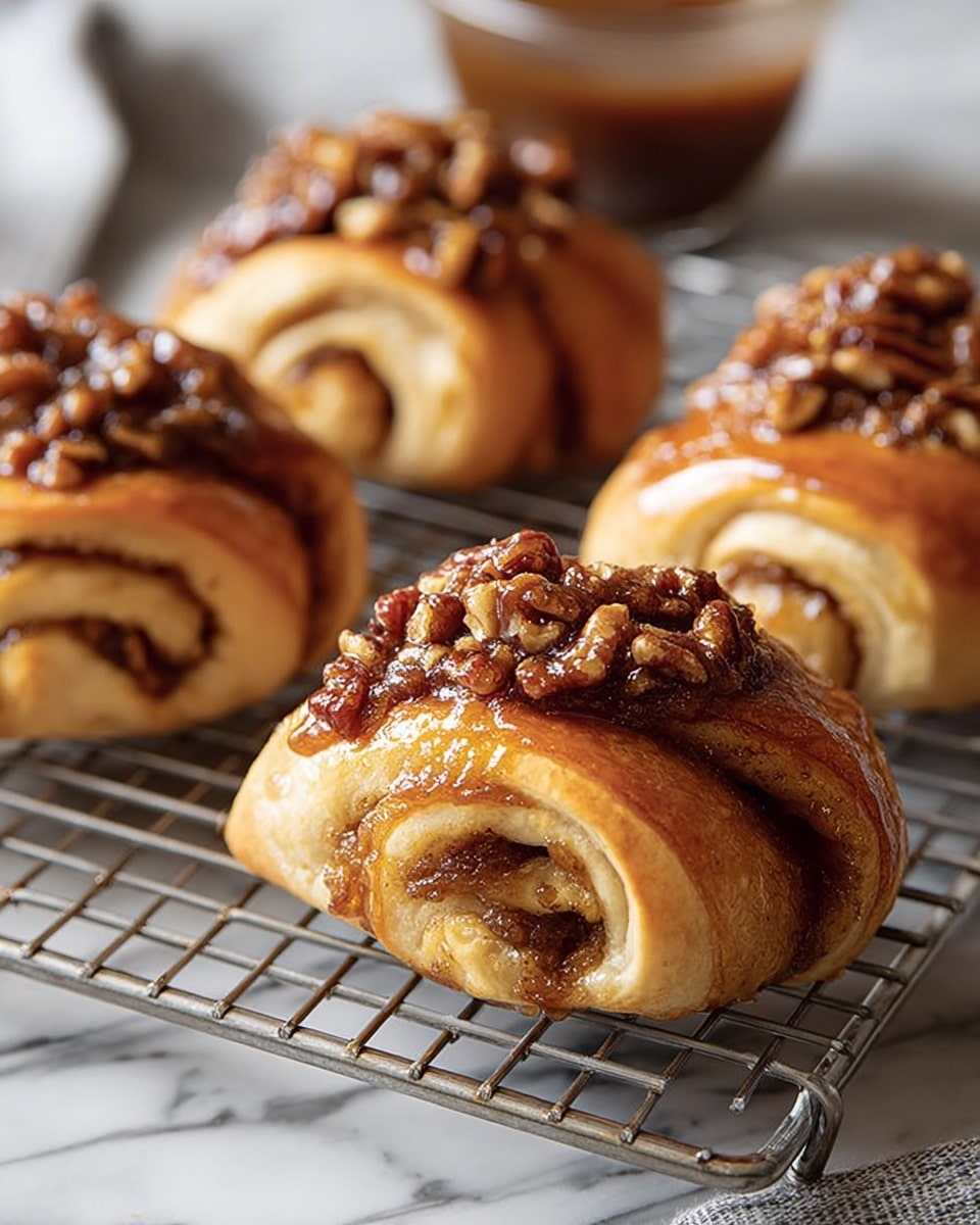 The image shows a close-up of four golden-brown pastries with a shiny, slightly crispy outer layer, placed on a metal cooling rack over a white marbled surface. Each pastry is rolled with visible layers of dough and a filling of dark brown sticky nuts, mostly pecans, unevenly spread on top and inside the folds. The nuts add texture with their rough, crunchy look, contrasting with the smooth dough. A small bowl with a similar brown sauce or glaze is blurred in the background. photo taken with an iphone --ar 4:5 --v 7