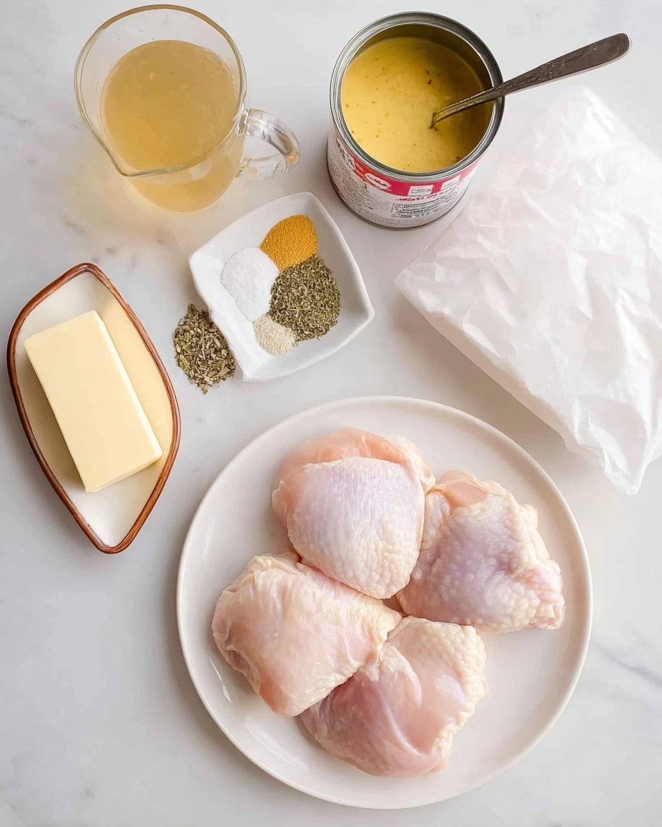 The image shows four light pink raw chicken pieces arranged close together on a round white plate at the bottom center. To the left of the plate, there is a pale yellow stick of butter wrapped in paper with blue text. Above the butter, a small white triangular dish with a brown rim holds four piles of varied spices: green herbs, black pepper, white salt, and yellow crushed flakes. To the upper left, there is a transparent glass jug filled with light golden broth. In the upper middle, an open red and white canned container holds thick creamy yellow sauce with a dark spoon inside. To the right side of the image, a large white sealed bag lies on the white marbled surface. photo taken with an iphone --ar 4:5 --v 7