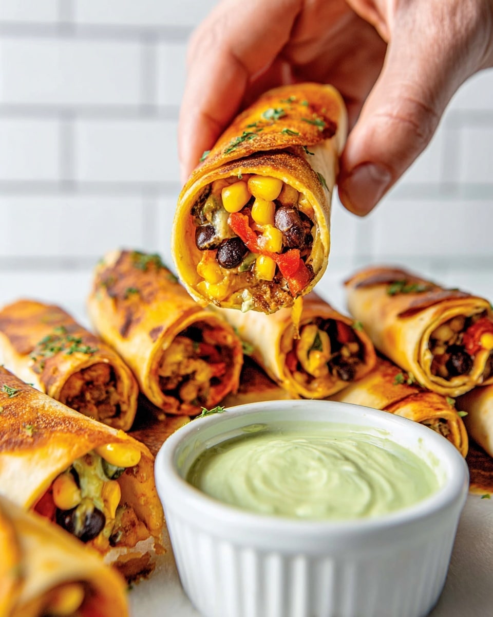A woman’s hand is holding a golden brown rolled tortilla with visible layers of colorful filling, including bright yellow corn, red bell peppers, dark beans, melted cheese, and green herbs; the tortilla’s inside looks soft while the outside is slightly crisp. Several more of these filled rolled tortillas are arranged closely around a small white bowl filled with a smooth light green creamy dip. The scene is on a white marbled surface with a white tiled wall in the background. photo taken with an iphone --ar 4:5 --v 7