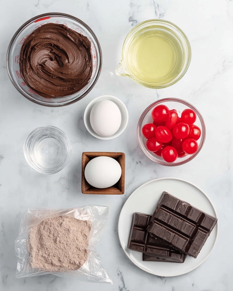 The image shows ingredients arranged on a white marbled surface. At the top left is an open container with smooth, dark brown chocolate frosting. To its right is a small white bowl with a light yellow liquid, likely oil. Below the frosting is a glass measuring cup with clear water. In the center is a small clear glass bowl filled with bright red maraschino cherries. To the right is a small square wooden bowl holding two white eggs. At the bottom left is a clear plastic bag filled with light brown cocoa or cake mix powder. Finally, at the bottom right, a white round plate holds several pieces of dark chocolate bars arranged neatly. Photo taken with an iphone --ar 4:5 --v 7