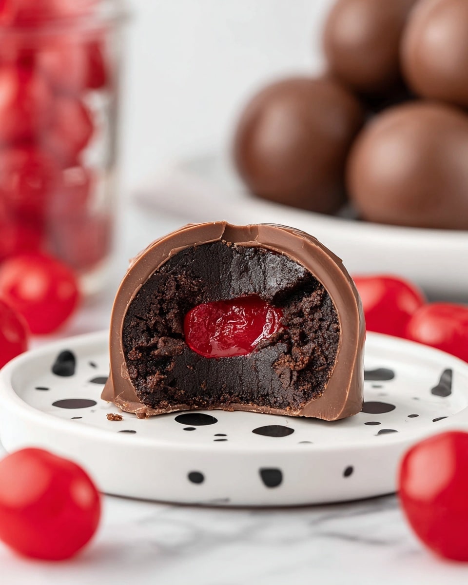 A chocolate truffle is cut in half, showing three layers: a shiny milk chocolate outer shell that is smooth and slightly curved, a thick, dark, moist chocolate layer inside with a slightly crumbly texture, and a bright red cherry center that glistens with a wet, juicy look. The truffle sits on a white plate with black dots, placed on a white marbled surface. Around the plate are bright red cherries and a clear jar filled with cherries blurred in the background, with a white bowl full of round chocolate balls also out of focus photo taken with an iphone --ar 4:5 --v 7