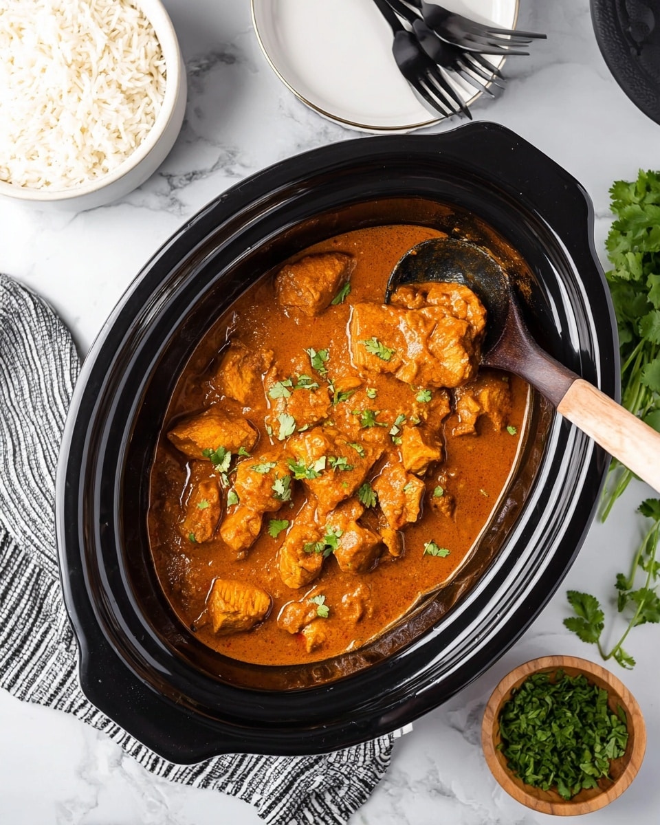 A black slow cooker is filled with chunks of orange-brown chicken curry in a thick sauce, sprinkled lightly with small green herb leaves. A black spoon with a wooden handle is scooping some curry from the cooker. Around the cooker, there is a small white bowl of cooked white rice, a white plate with three black forks on it, a small wooden bowl filled with chopped green herbs, and some loose fresh green herbs spread on a white marbled surface. A black and white striped cloth is under the slow cooker. Photo taken with an iphone --ar 4:5 --v 7