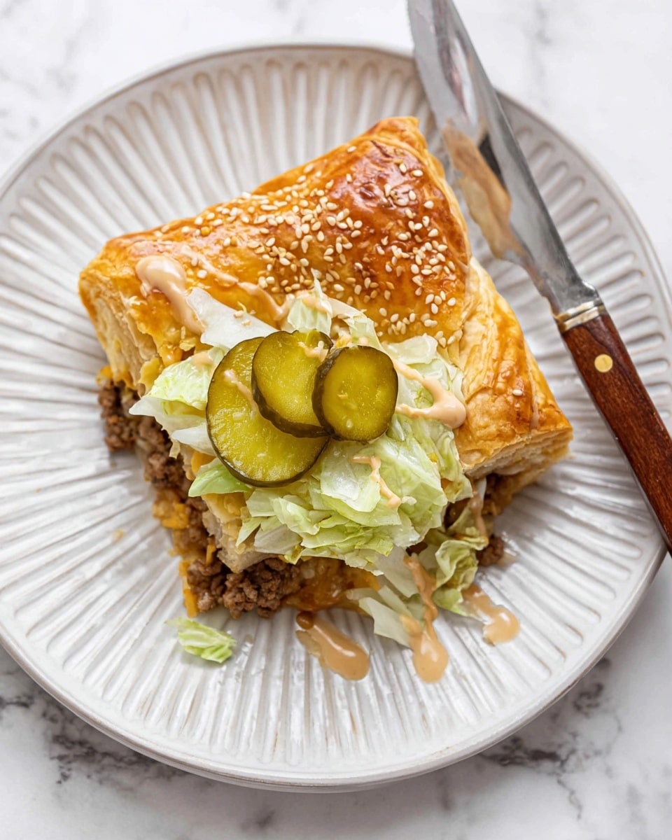 A square piece of golden brown pastry crust with sesame seeds on top sits on a white plate with ridged edges. Under the crust is a layer of cooked ground meat mixed with melted cheddar cheese, showing bits of crumbly and slightly greasy texture. On top of the pastry is a layer of shredded light green lettuce with two round, dark green pickle slices placed in the center. A creamy light brown sauce is drizzled over the pickles and lettuce. A fork and knife with wooden handles rest at the side of the plate. The plate is on a white marbled surface. photo taken with an iphone --ar 4:5 --v 7