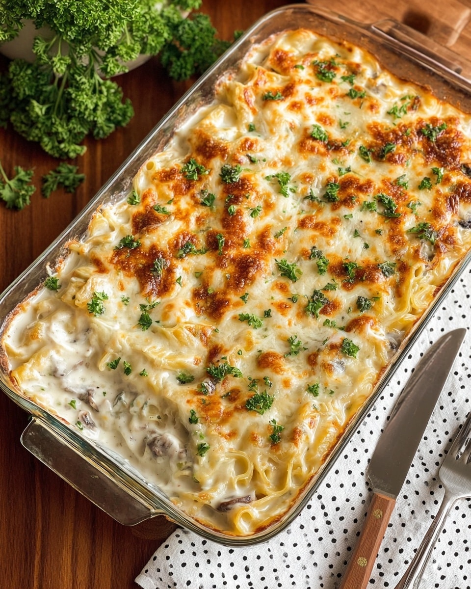 A glass baking dish filled with a creamy baked pasta dish. The top layer is a golden-brown melted cheese with small browned spots, scattered with green parsley pieces. Underneath, visible swirls of pasta coated in a white sauce with some small bits of mushrooms can be seen. The dish sits on a wooden table with a white cloth with small black patterns nearby, along with a fork and knife next to the dish. Fresh parsley is placed at the top left corner of the table. photo taken with an iphone --ar 4:5 --v 7